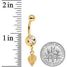 Clear Gem Gold Tone Autumn Textured Leaf Dangle Belly Ring