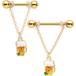 14G 3/4 Gold Tone Beer Mug St Patricks Day Dangle Nipple Ring Set