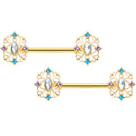 14G 9/16 White Synth Opal Gold Tone Web Barbell Nipple Ring Set