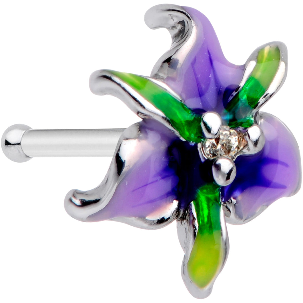 20G 1/4 Clear Gem Exotic Purple Flower Nose Bone
