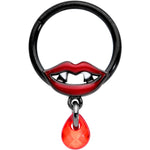 16G 3/8 Red Gem Black Vampire Fang Halloween Hinged Segment Ring