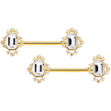 14G 9/16 Clear Gem Gold Tone Regal Rectangle Nipple Ring Set