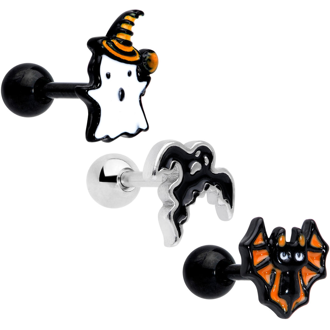 16G 1/4 Black Ghosts Hat Bat Halloween Cartilage Tragus Set of 3