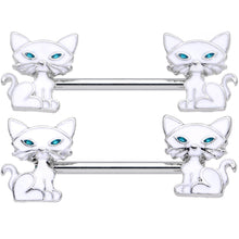 14G 9/16 Blue Eyed White Cat Barbell Nipple Ring Set