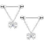 14G 11/16 Clear CZ Gem Beauty Bow Chain Dangle Nipple Ring Set
