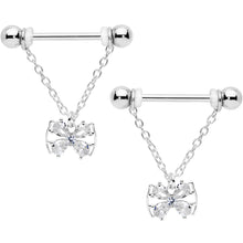 14G 11/16 Clear CZ Gem Beauty Bow Chain Dangle Nipple Ring Set