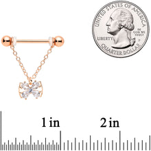 14G 11/16 Clear CZ Gem Rose Gold Hue Bow Chain Nipple Ring Set