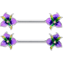 14G 9/16 Clear Gem Purple Iris Flower Barbell Nipple Ring Set