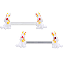 14G 9/16 Red Gem White Easter Rabbit Barbell Nipple Ring Set