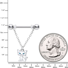 14G 9/16 Blue Eyed White Cat Dangle Barbell Nipple Ring Set