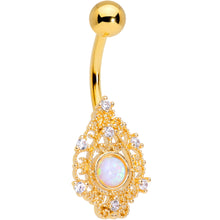 White Synthetic Opal Gold Tone Scrolling Oval Belly Ring