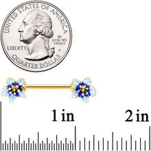 14G 9/16 Gold Tone White Blue Flower Barbell Nipple Ring Set