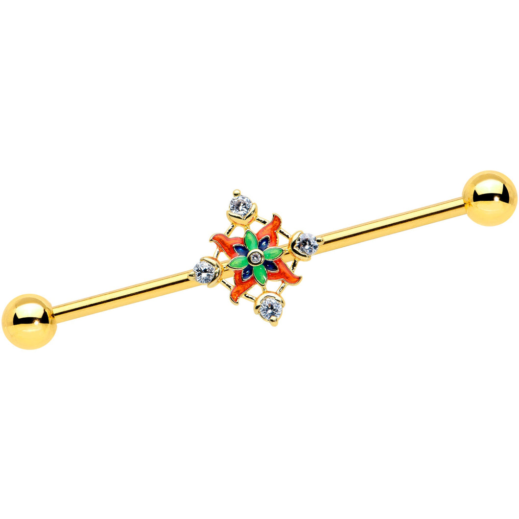 14G Clear CZ Gem Gold Tone Color Crest Industrial Barbell 38mm