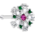20G 1/4 Clear Pink Green Gem Snowflake Nose Bone