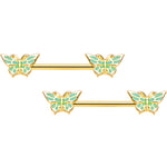 14G 9/16 Gold Tone Green Inlay Butterfly Barbell Nipple Ring Set