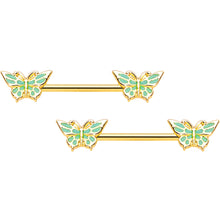 14G 9/16 Gold Tone Green Inlay Butterfly Barbell Nipple Ring Set