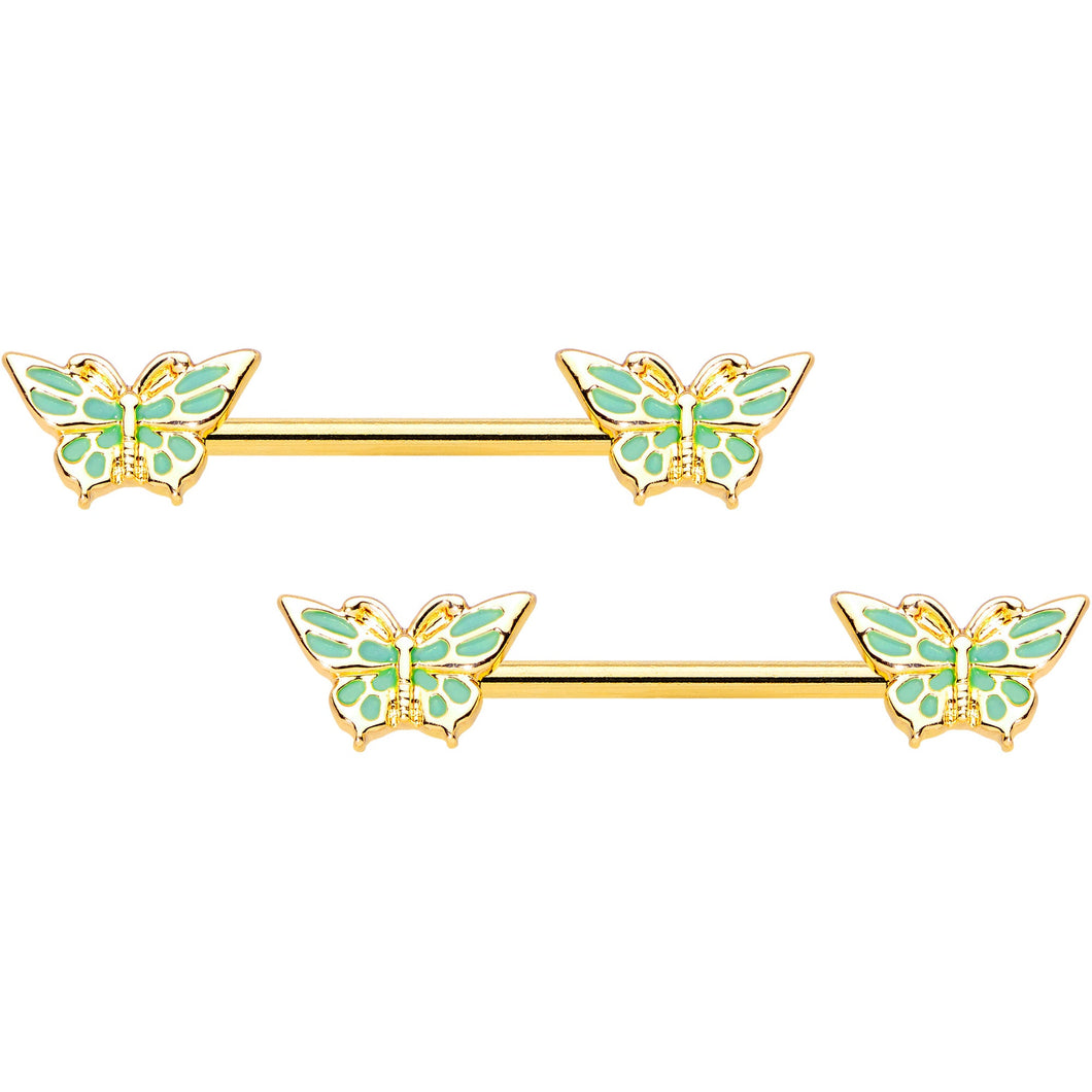 14G 9/16 Gold Tone Green Inlay Butterfly Barbell Nipple Ring Set