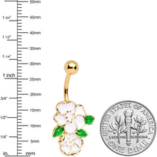 Gold Tone Green Leaf White Spring Flowers Belly Ring