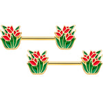 14G 9/16 Gold Tone Red Tulip Flowers Barbell Nipple Ring Set