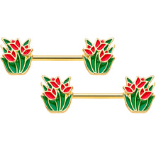 14G 9/16 Gold Tone Red Tulip Flowers Barbell Nipple Ring Set