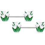 14G 9/16 White Spring Tulip Flowers Barbell Nipple Ring Set