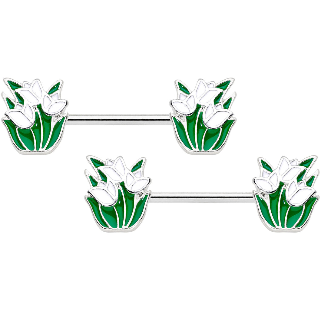 14G 9/16 White Spring Tulip Flowers Barbell Nipple Ring Set