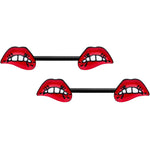 14G 9/16 Black Red Sneering Bite Lips Barbell Nipple Ring Set