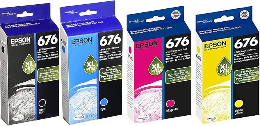 New, Pre-Owned - Epson 676XL High Yield Black, Cyan, Magenta, and Yellow Ink Cartridges