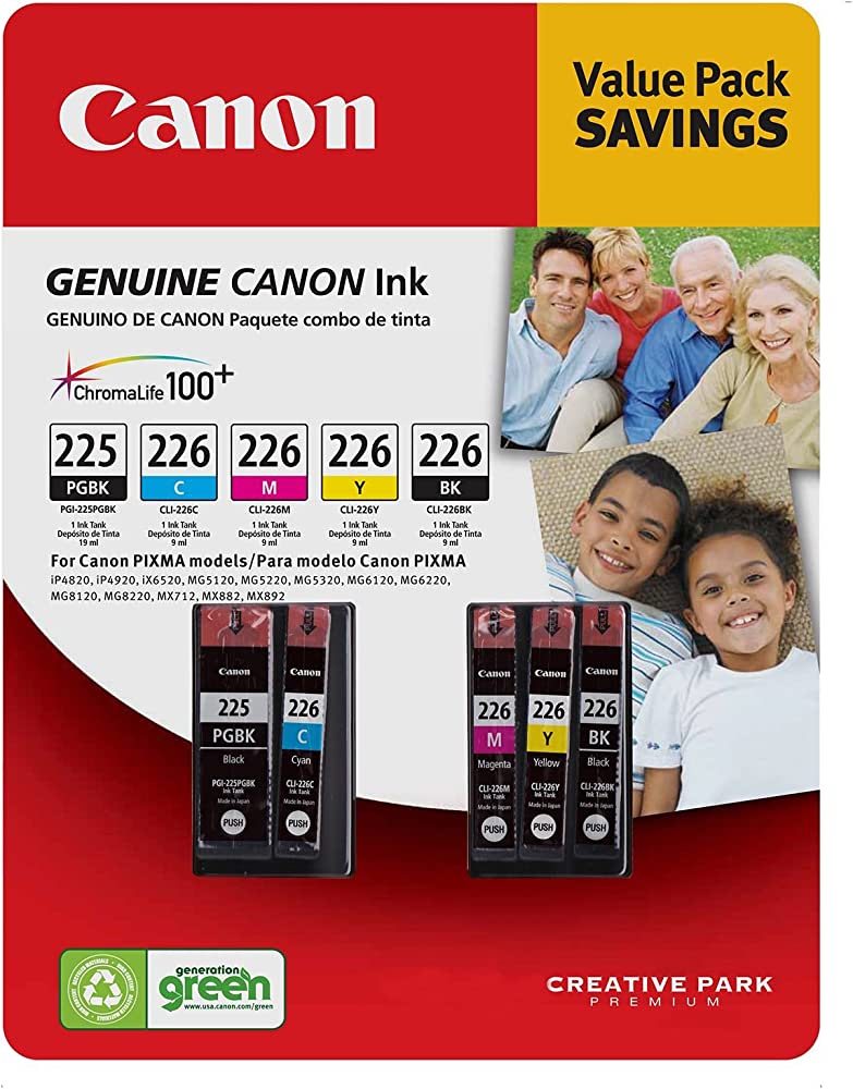 New, Pre-Owned - Canon 1 PGI-225 Black / CLI-226 1 Black and 3 Colors 5-Pack Ink Cartridge