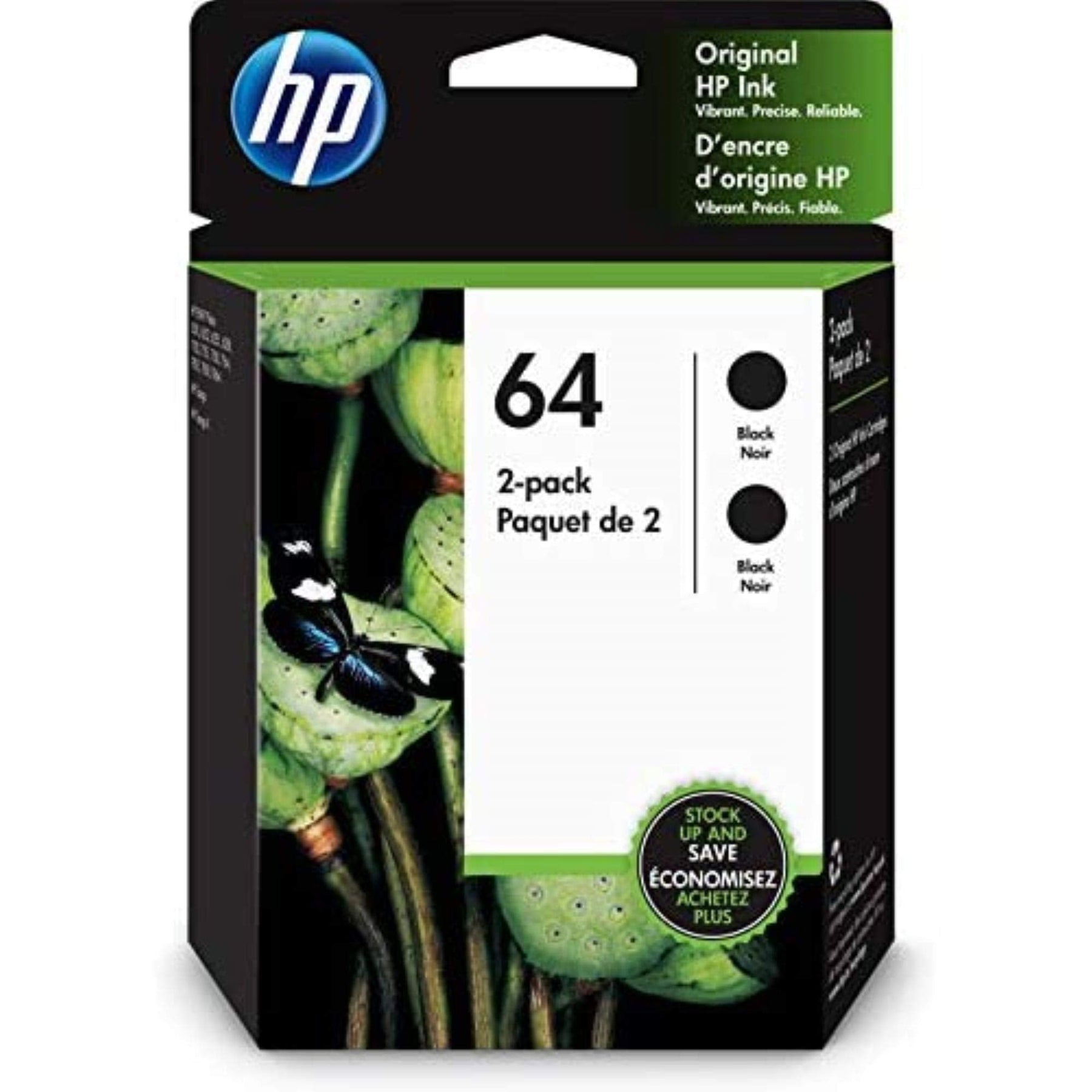 New, Pre-Owned - HP 64 (N9J90AN) Black Ink Cartridge- 2 Pack