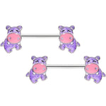 14G 9/16 Happy Purple Hippo Barbell Nipple Ring Set