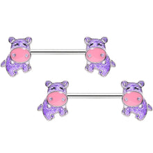 14G 9/16 Happy Purple Hippo Barbell Nipple Ring Set