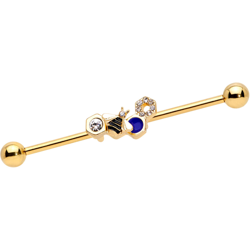14G Clear CZ Gem Gold Tone Lovely Bee Industrial Barbell 38mm
