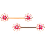 14G 5/8 Clear Gem Rose Gold Tone Pink Flower Nipple Ring Set