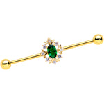 14G Green Gem Gold Tone Oval Sunburst Industrial Barbell 38mm