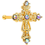 20G 1/4 Aurora CZ Gem Gold Tone Subtle Cross Nose Bone