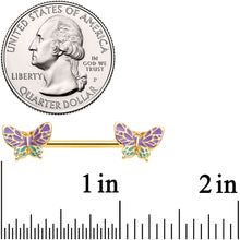 14G 9/16 Gold Tone Purple Green Butterfly Barbell Nipple Ring Set
