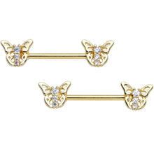 14G 9/16 Clear CZ Gem Gold Tone Open Butterfly Nipple Ring Set
