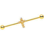 14G Clear CZ Gem Gold Tone Cross Industrial Barbell 38mm