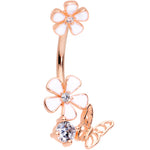 Clear CZ Gem Rose Gold Tone Butterfly Lovely Flowers Belly Ring