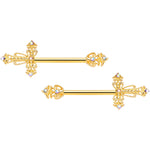 14G 9/16 Clear CZ Gem Gold Tone Scrolling Cross Nipple Ring Set