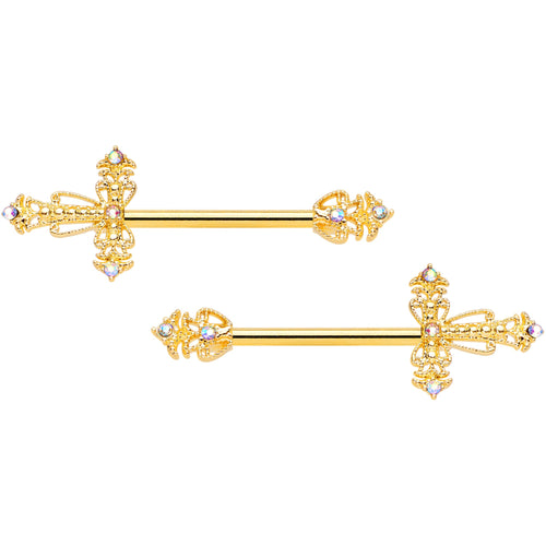 14G 9/16 Clear CZ Gem Gold Tone Scrolling Cross Nipple Ring Set