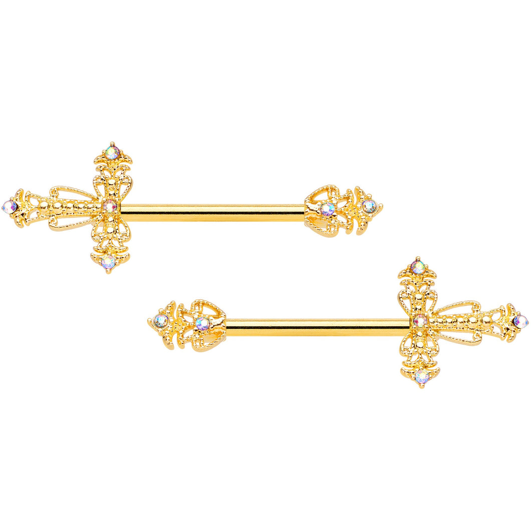 14G 9/16 Clear CZ Gem Gold Tone Scrolling Cross Nipple Ring Set