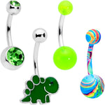 Green Gem UV Glow Color Swirl Dinosaur Belly Ring Set of 4