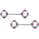 14G 9/16 White Synthetic Opal Glam Oval Barbell Nipple Ring Set