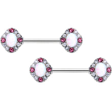 14G 9/16 White Synthetic Opal Glam Oval Barbell Nipple Ring Set