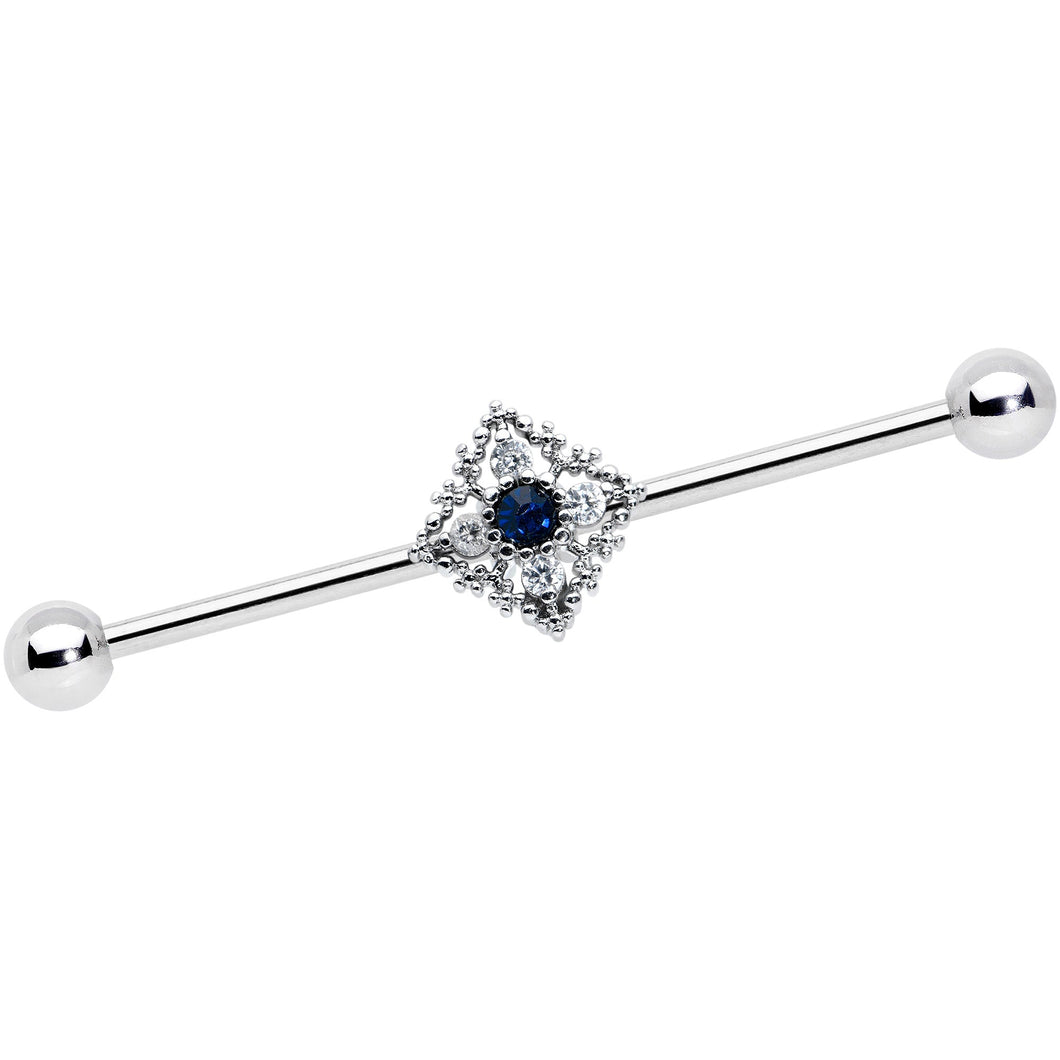 14G Clear Blue Gem Textured Rhombus Cross Industrial Barbell 38mm