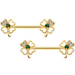 14G 9/16 Green Synthetic Opal Gold Tone Shamrock Nipple Ring Set