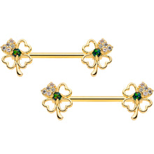 14G 9/16 Green Synthetic Opal Gold Tone Shamrock Nipple Ring Set
