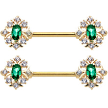 14G 1/2 Clear Green Gem Gold Hue Art Deco Barbell Nipple Ring Set